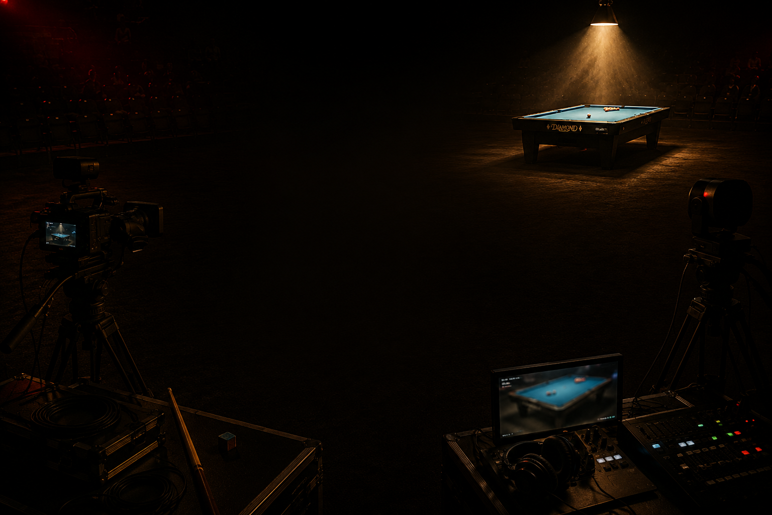 Streaming crew and a spotlit Diamond table at a Heartland Area Billiards Tour event